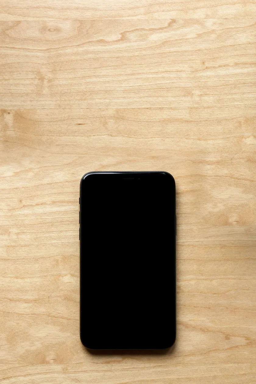 Un celular sobre un escritorio de madera, junto a una taza de café